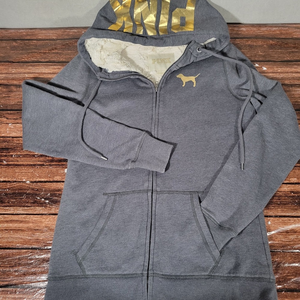 Pink Victoria Secret Hoodie Gray Faux Fur Lined Gold Logo Zip Up XS